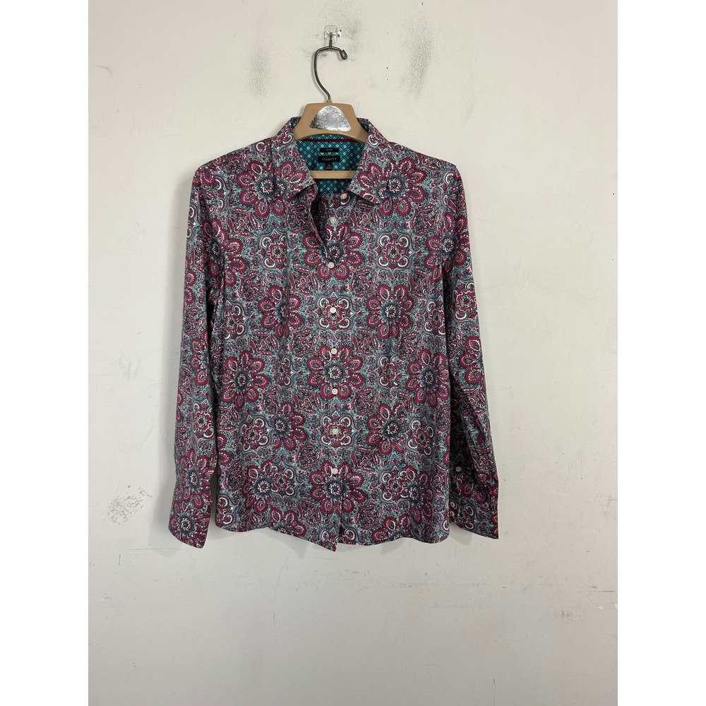 Talbots Non-Iron Shirt Womens 14 Pink Teal Paisley Floral Button Down NWT